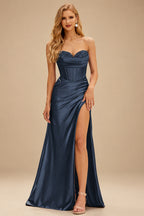 Rutipo Dark Navy Strapless Sweetheart Cowl Neck Corset Silk like Satin Prom Dress with High Slit