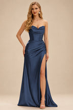 Rutipo Dark Navy Strapless Sweetheart Cowl Neck Corset Silk like Satin Prom Dress with High Slit