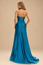 Rutipo Ink Blue Strapless Sweetheart Cowl Neck Corset Silk like Satin Prom Dress with High Slit