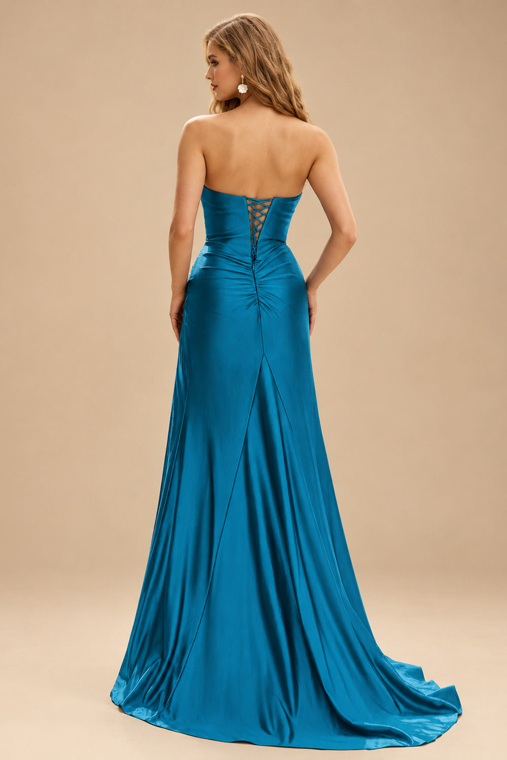 Rutipo Ink Blue Strapless Sweetheart Cowl Neck Corset Silk like Satin Prom Dress with High Slit