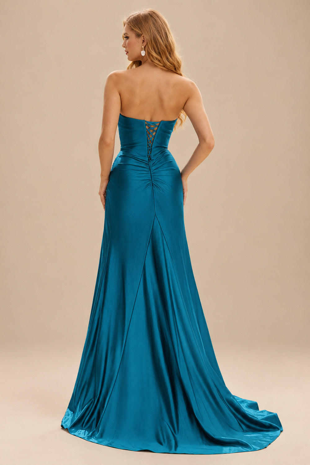 Rutipo Ink Blue Strapless Sweetheart Cowl Neck Corset Silk like Satin Prom Dress with High Slit