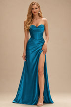 Rutipo Ink Blue Strapless Sweetheart Cowl Neck Corset Silk like Satin Prom Dress with High Slit