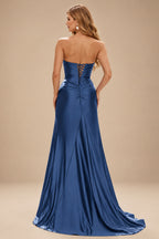 Rutipo Navy Blue Strapless Sweetheart Cowl Neck Corset Silk like Satin Prom Dress with High Slit