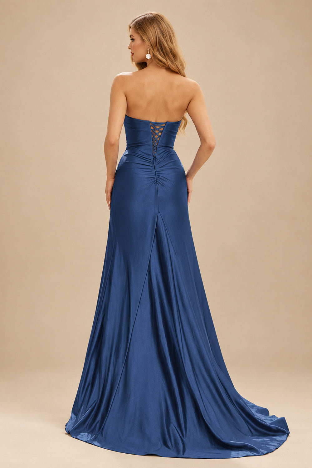 Rutipo Navy Blue Strapless Sweetheart Cowl Neck Corset Silk like Satin Prom Dress with High Slit