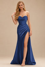 Rutipo Navy Blue Strapless Sweetheart Cowl Neck Corset Silk like Satin Prom Dress with High Slit