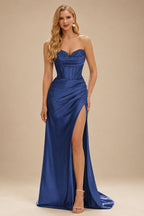 Rutipo Navy Blue Strapless Sweetheart Cowl Neck Corset Silk like Satin Prom Dress with High Slit