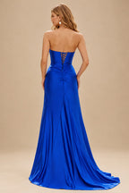 Rutipo Royal Blue Strapless Sweetheart Cowl Neck Corset Silk like Satin Prom Dress with High Slit
