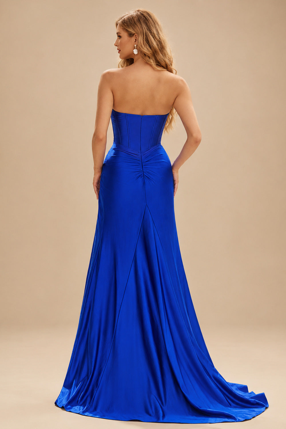 Rutipo Royal Blue Strapless Sweetheart Cowl Neck Corset Silk like Satin Prom Dress with High Slit