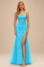 Rutipo Blue Fitted Cowl Neck Strapless Corset Boning Slit Lace Tulle Prom Dress