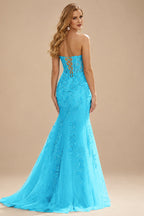 Rutipo Blue Fitted Cowl Neck Strapless Corset Boning Slit Lace Tulle Prom Dress