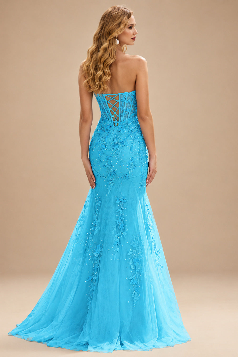 Rutipo Blue Fitted Cowl Neck Strapless Corset Boning Slit Lace Tulle Prom Dress