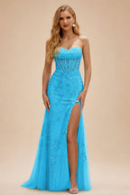 Rutipo Blue Fitted Cowl Neck Strapless Corset Boning Slit Lace Tulle Prom Dress
