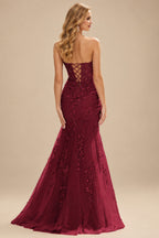 Rutipo Burgundy Fitted Cowl Neck Strapless Corset Boning Slit Lace Tulle Prom Dress