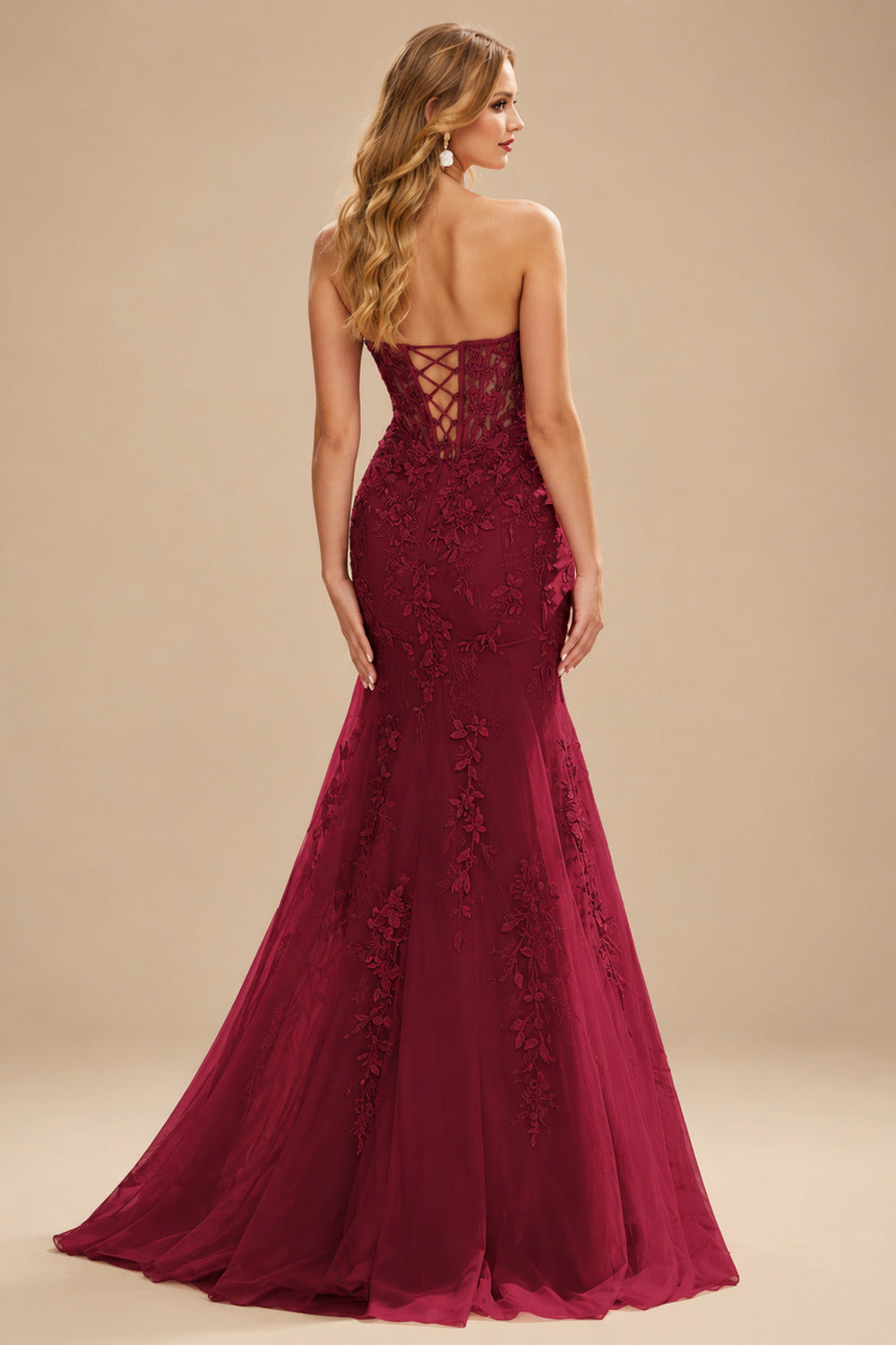 Rutipo Burgundy Fitted Cowl Neck Strapless Corset Boning Slit Lace Tulle Prom Dress