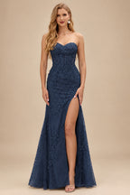 Rutipo Dark Navy Fitted Cowl Neck Strapless Corset Boning Slit Lace Tulle Prom Dress