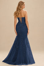 Rutipo Dark Navy Fitted Cowl Neck Strapless Corset Boning Slit Lace Tulle Prom Dress