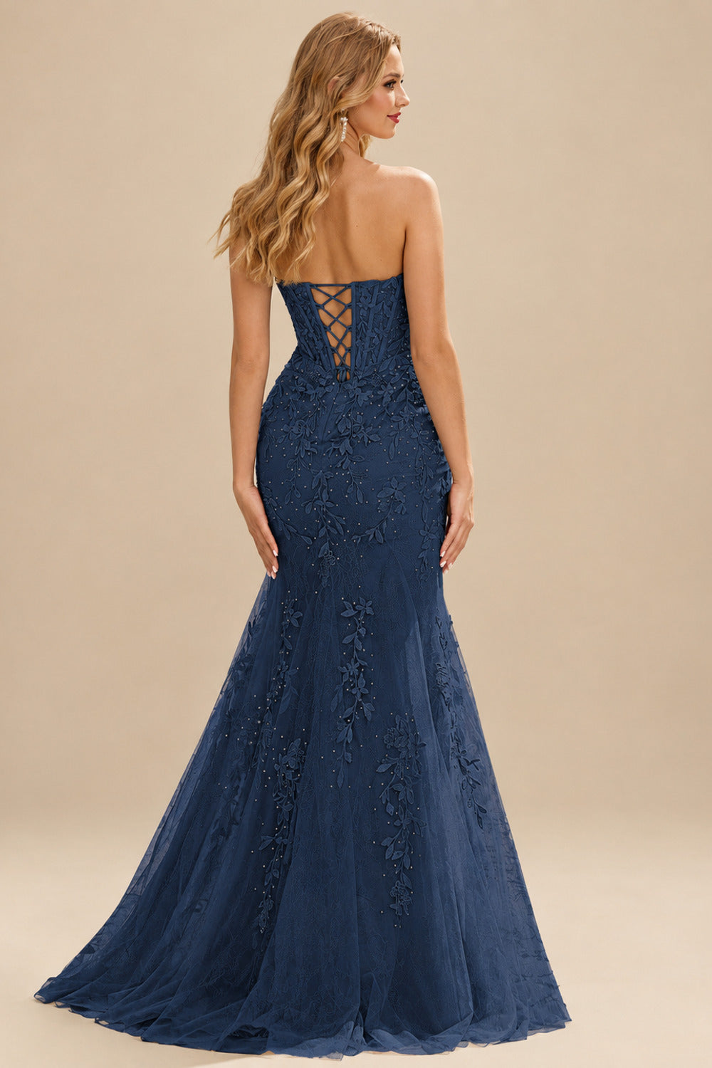 Rutipo Dark Navy Fitted Cowl Neck Strapless Corset Boning Slit Lace Tulle Prom Dress