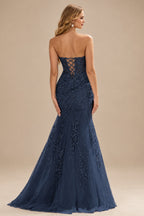 Rutipo Dark Navy Fitted Cowl Neck Strapless Corset Boning Slit Lace Tulle Prom Dress