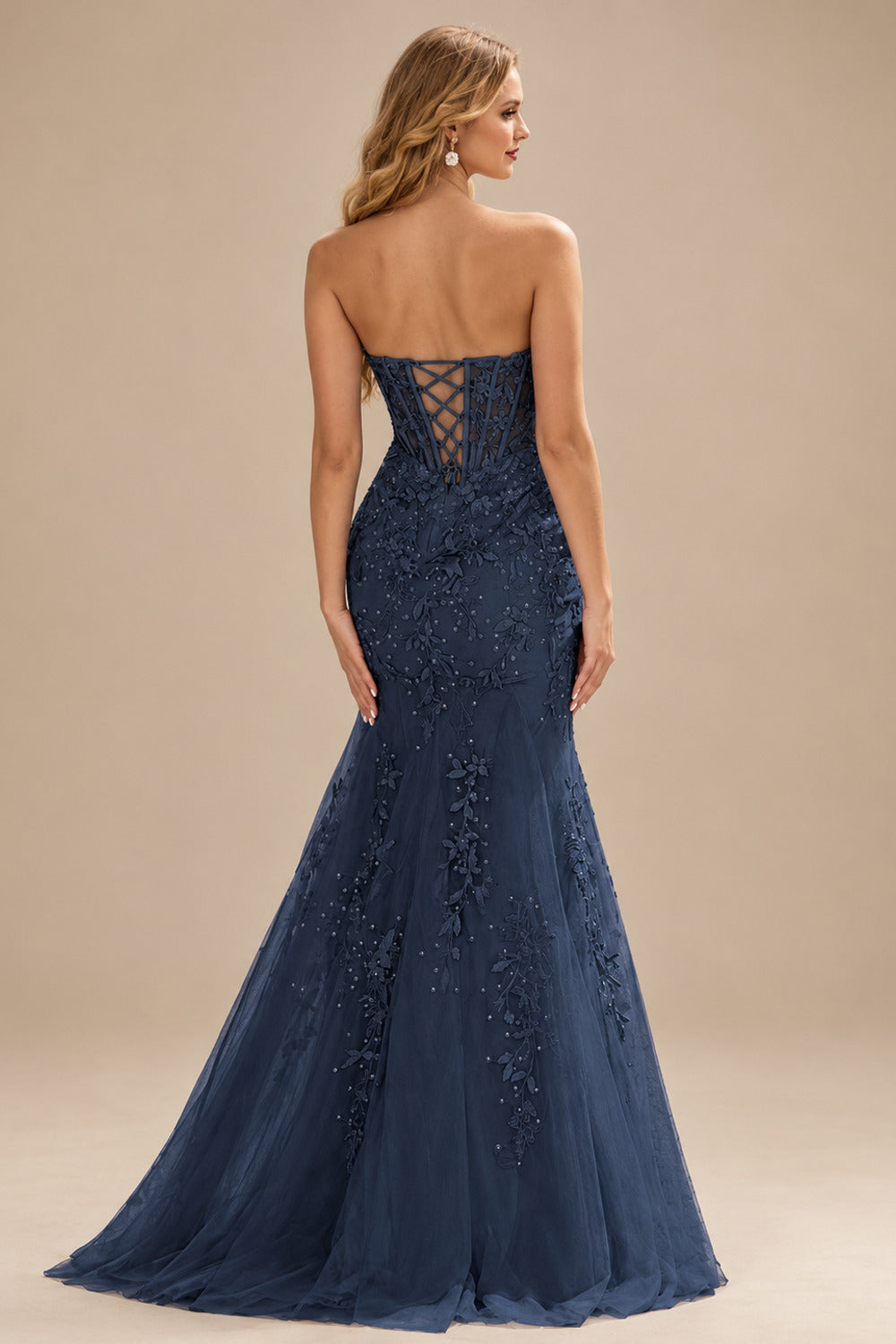 Rutipo Dark Navy Fitted Cowl Neck Strapless Corset Boning Slit Lace Tulle Prom Dress