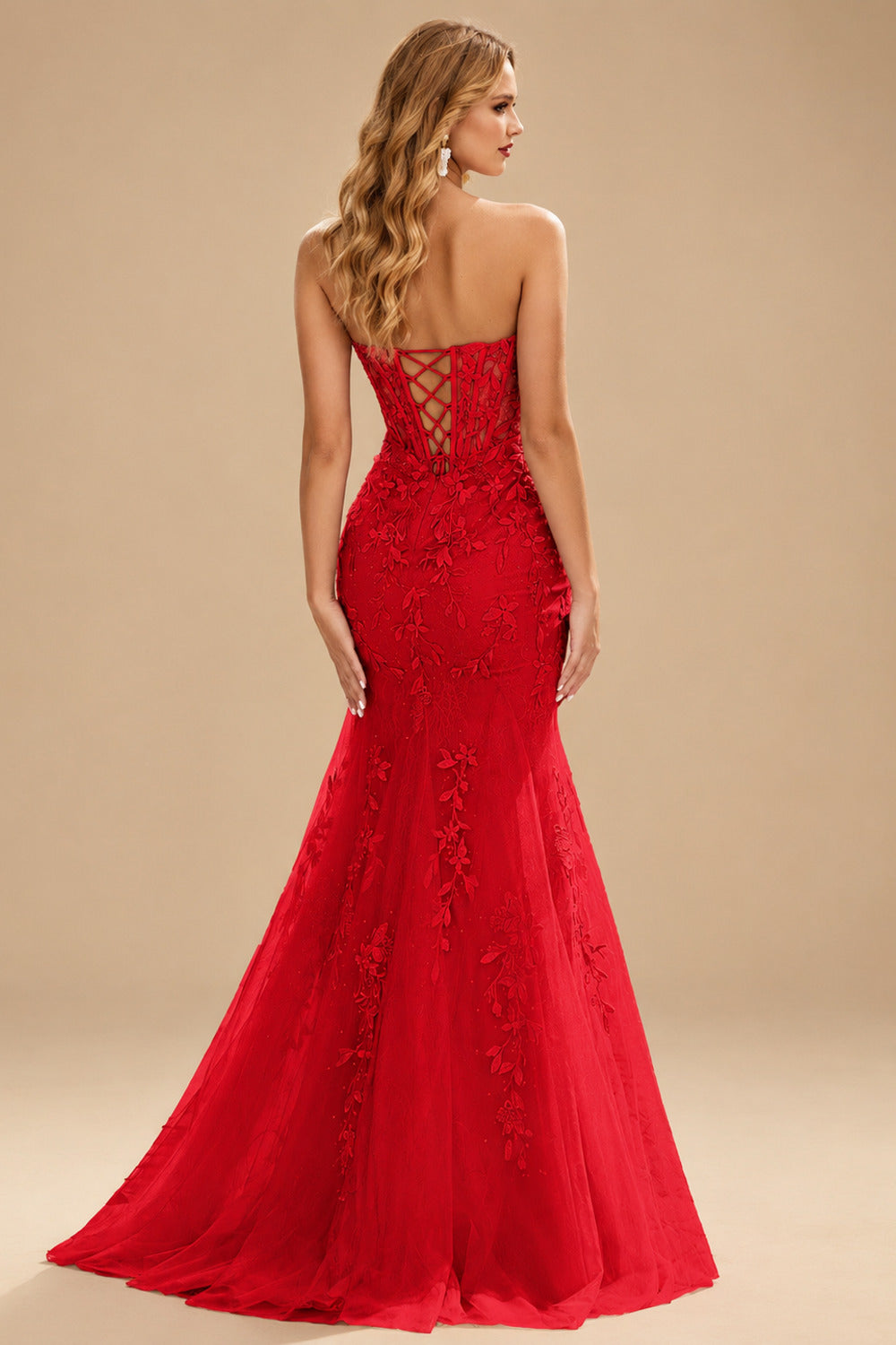Rutipo Red Fitted Cowl Neck Strapless Corset Boning Slit Lace Tulle Prom Dress