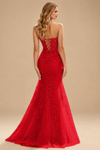 Rutipo Red Fitted Cowl Neck Strapless Corset Boning Slit Lace Tulle Prom Dress