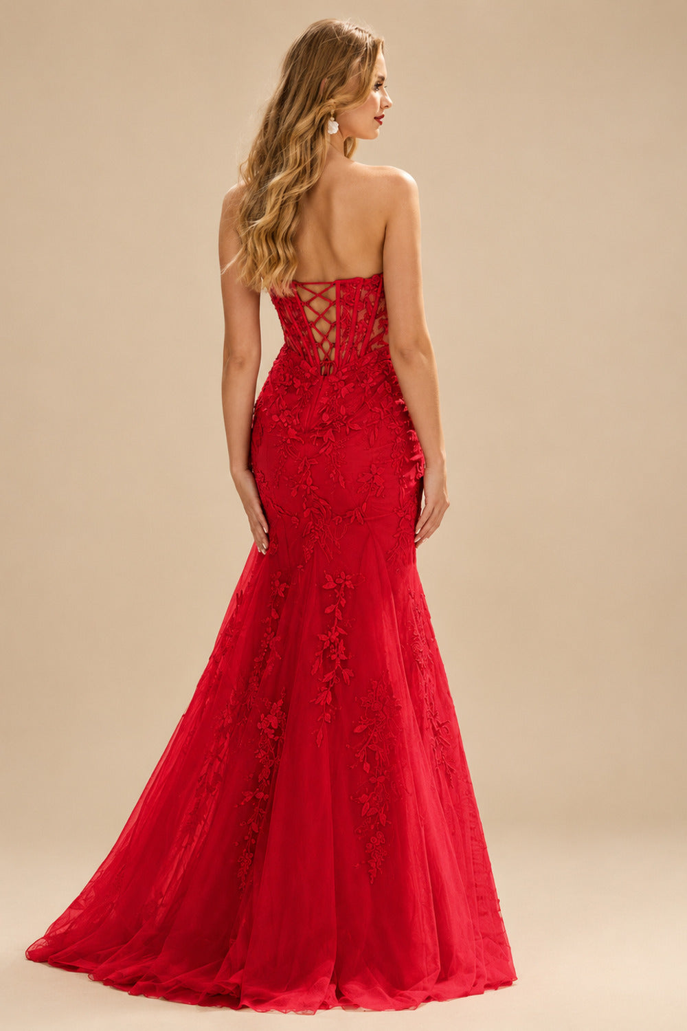 Rutipo Red Fitted Cowl Neck Strapless Corset Boning Slit Lace Tulle Prom Dress