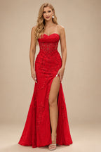 Rutipo Red Fitted Cowl Neck Strapless Corset Boning Slit Lace Tulle Prom Dress