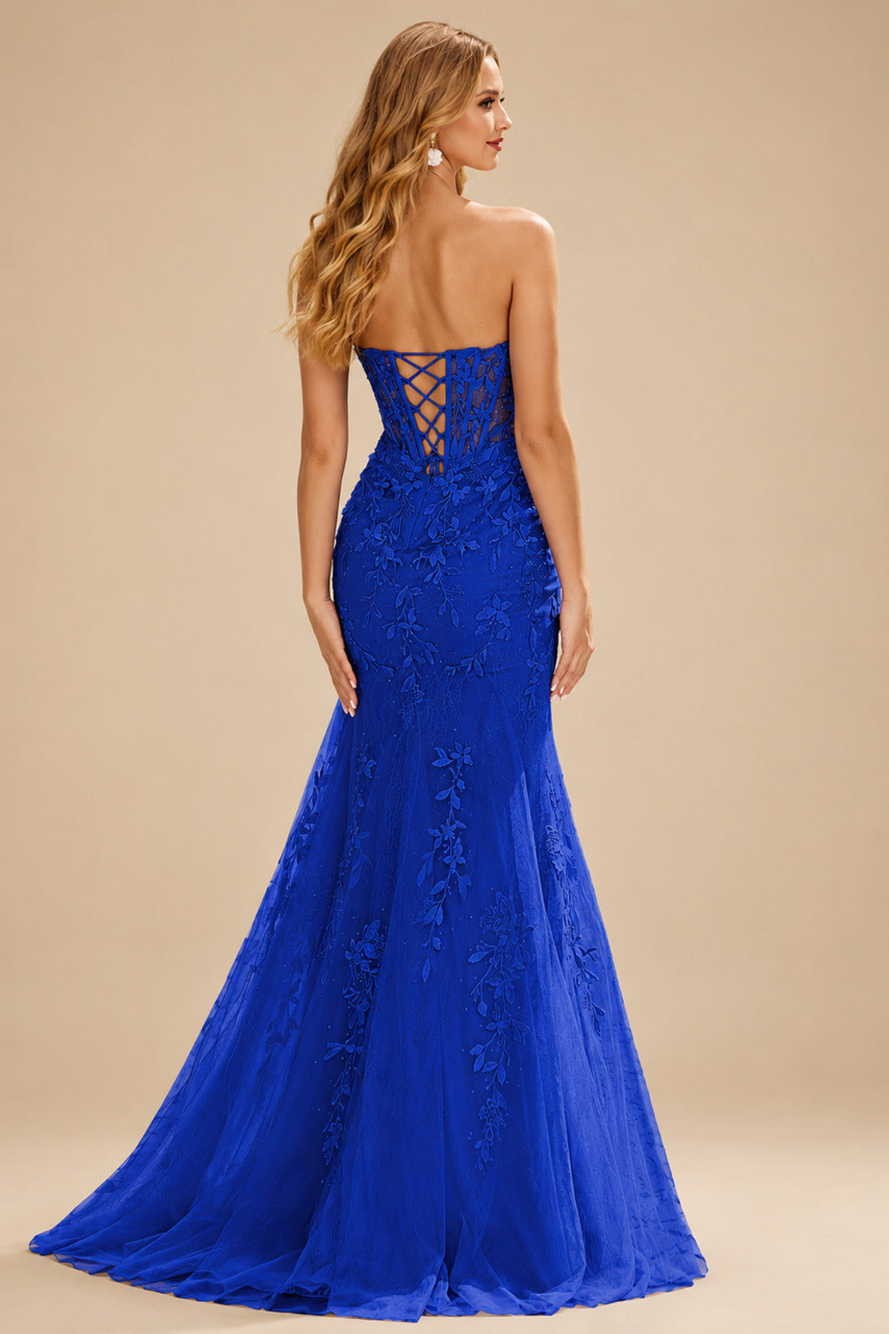 Rutipo Royal Blue Fitted Cowl Neck Strapless Corset Boning Slit Lace Tulle Prom Dress