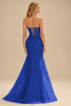 Rutipo Royal Blue Fitted Cowl Neck Strapless Corset Boning Slit Lace Tulle Prom Dress