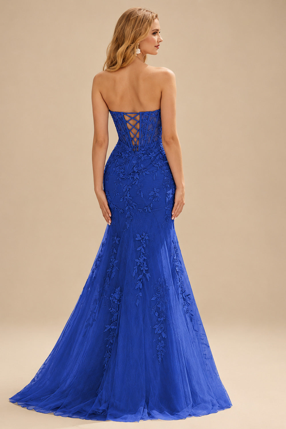 Rutipo Royal Blue Fitted Cowl Neck Strapless Corset Boning Slit Lace Tulle Prom Dress