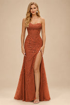 Rutipo Rust Fitted Cowl Neck Strapless Corset Boning Slit Lace Tulle Prom Dress