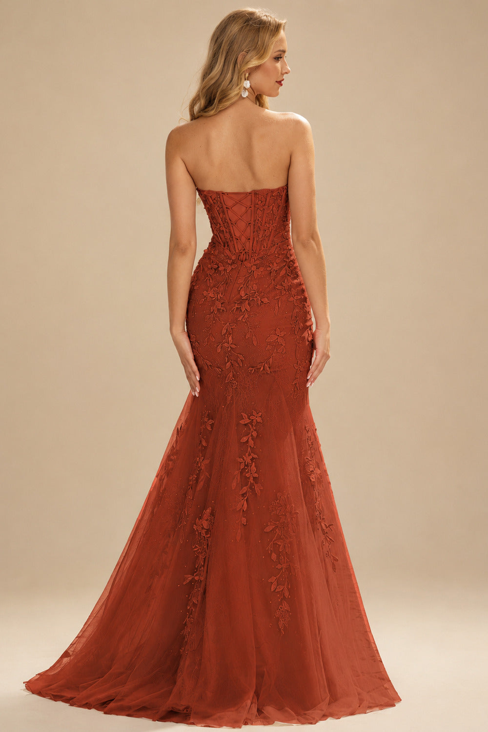 Rutipo Rust Fitted Cowl Neck Strapless Corset Boning Slit Lace Tulle Prom Dress