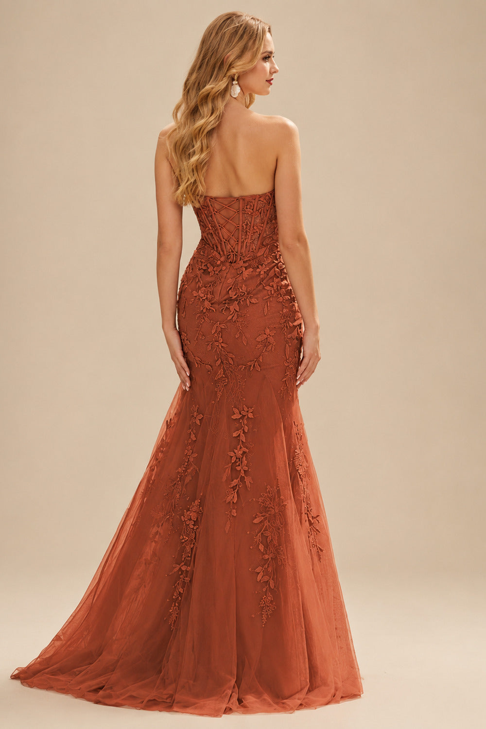 Rutipo Rust Fitted Cowl Neck Strapless Corset Boning Slit Lace Tulle Prom Dress