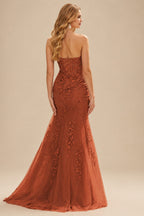 Rutipo Rust Fitted Cowl Neck Strapless Corset Boning Slit Lace Tulle Prom Dress