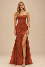 Rutipo Rust Fitted Cowl Neck Strapless Corset Boning Slit Lace Tulle Prom Dress