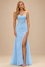 Rutipo Sky Blue Fitted Cowl Neck Strapless Corset Boning Slit Lace Tulle Prom Dress