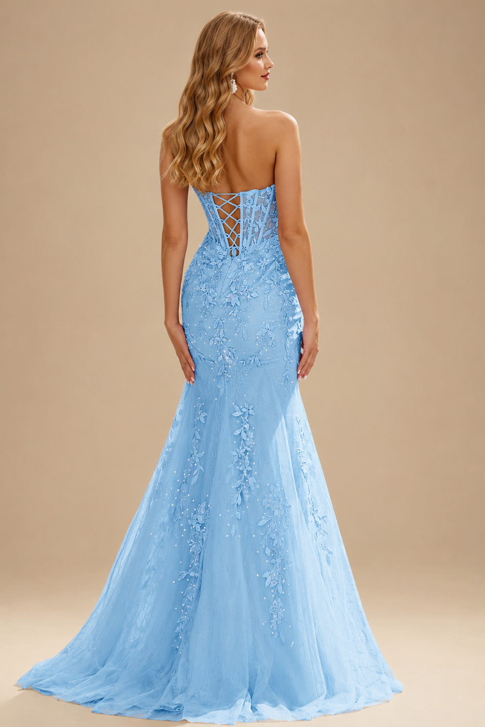 Rutipo Sky Blue Fitted Cowl Neck Strapless Corset Boning Slit Lace Tulle Prom Dress