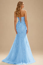 Rutipo Sky Blue Fitted Cowl Neck Strapless Corset Boning Slit Lace Tulle Prom Dress