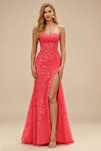 Rutipo Watermelon Fitted Cowl Neck Strapless Corset Boning Slit Lace Tulle Prom Dress