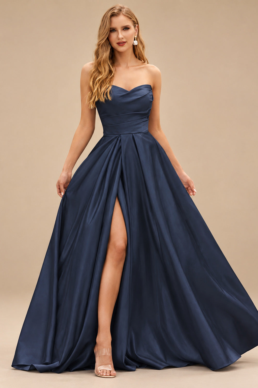 Rutipo Dark Navy A-line V Neck Strapless Satin Prom Dress with Corset Back and Front Slit