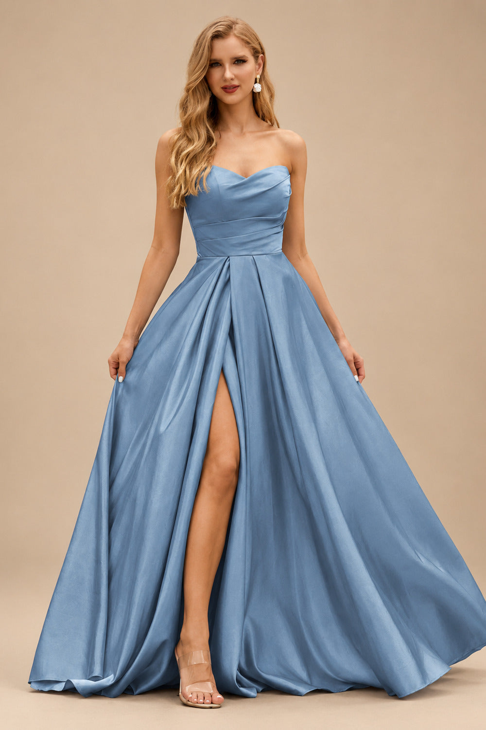 Rutipo Dusty Blue A-line V Neck Strapless Satin Prom Dress with Corset Back and Front Slit
