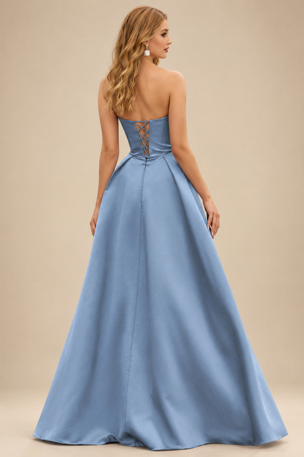 Rutipo Dusty Blue A-line V Neck Strapless Satin Prom Dress with Corset Back and Front Slit