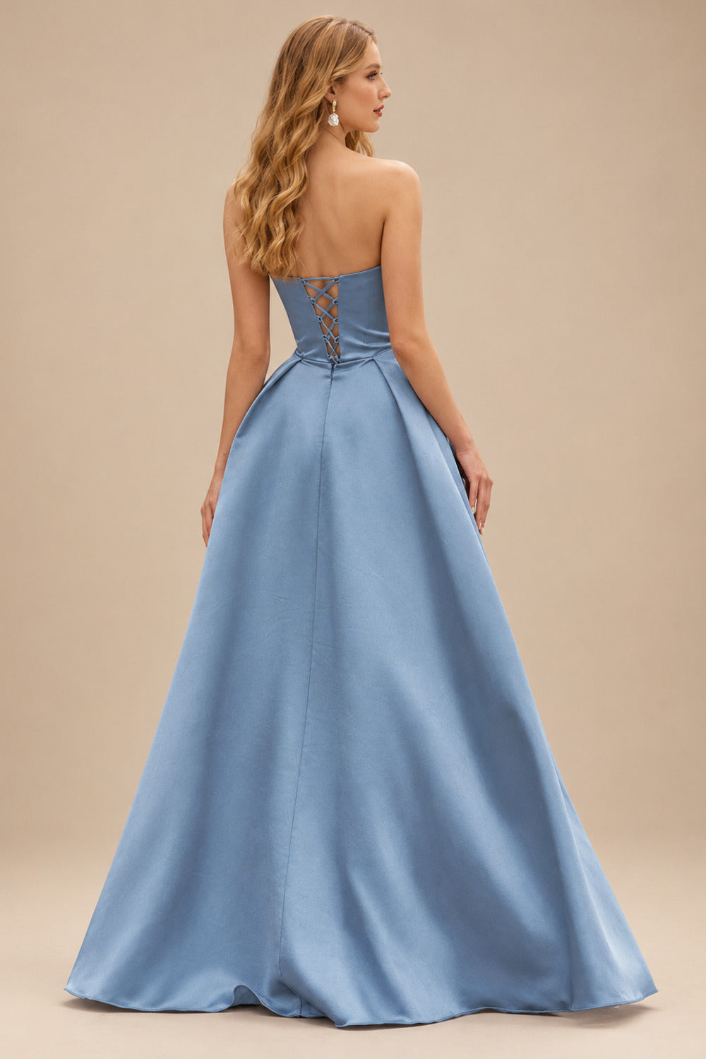 Rutipo Dusty Blue A-line V Neck Strapless Satin Prom Dress with Corset Back and Front Slit