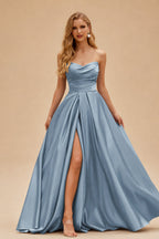 Rutipo Dusty Blue A-line V Neck Strapless Satin Prom Dress with Corset Back and Front Slit
