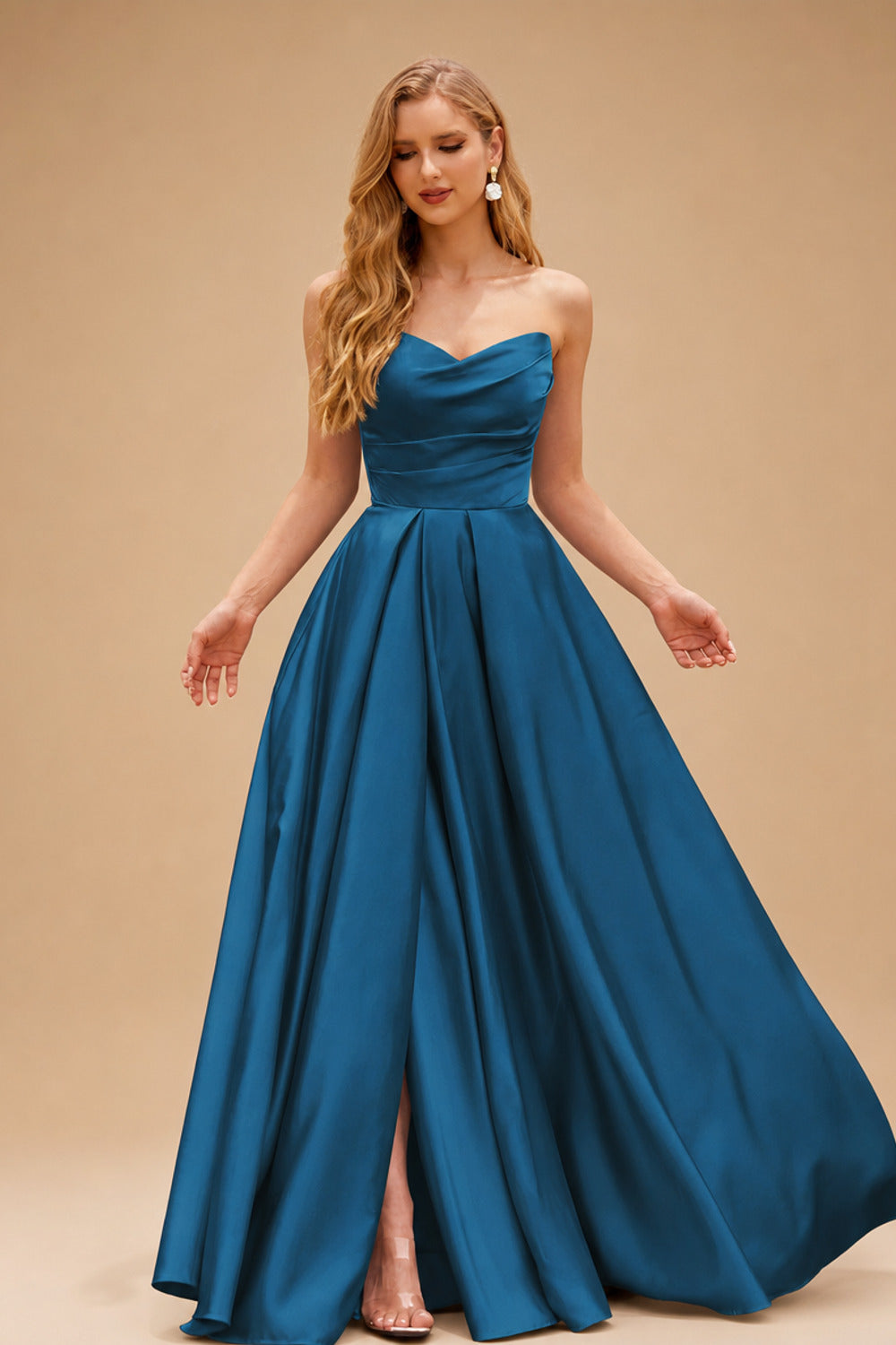 Rutipo Ink Blue A-line V Neck Strapless Satin Prom Dress with Corset Back and Front Slit
