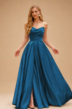Rutipo Ink Blue A-line V Neck Strapless Satin Prom Dress with Corset Back and Front Slit