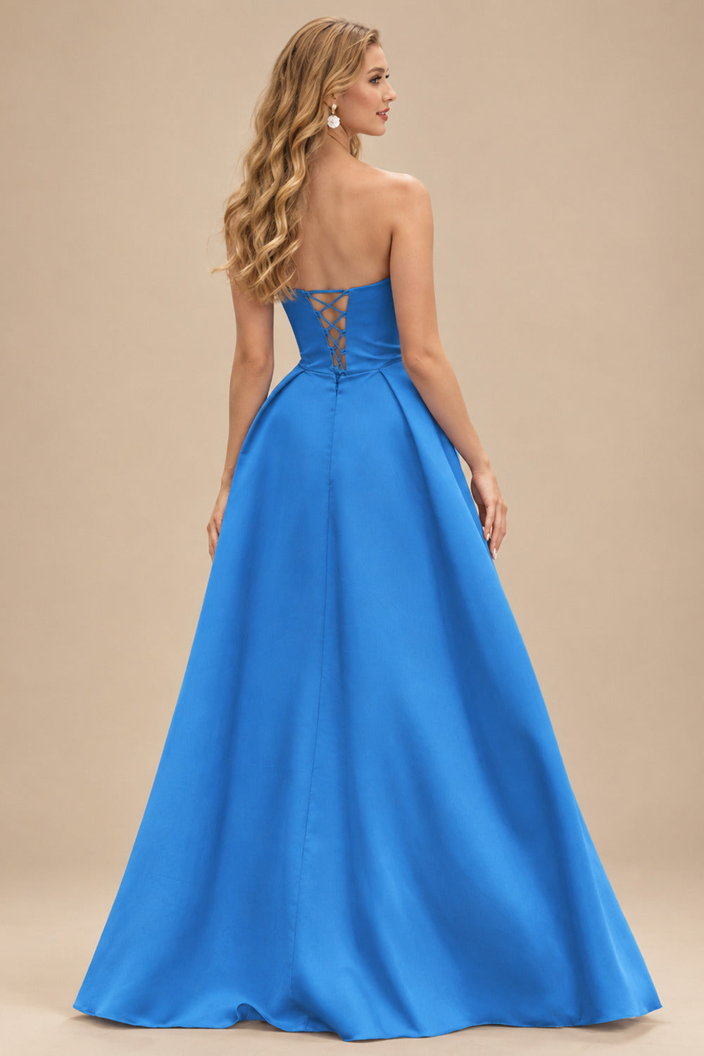 Rutipo Ocean Blue A-line V Neck Strapless Satin Prom Dress with Corset Back and Front Slit
