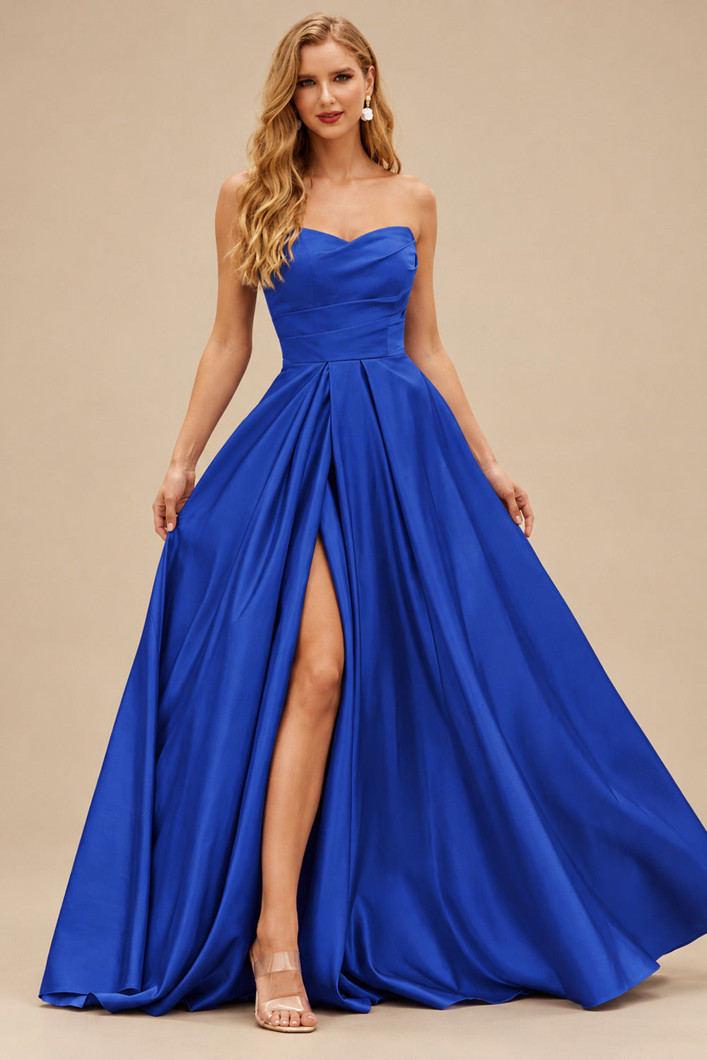 Rutipo Royal Blue A-line V Neck Strapless Satin Prom Dress with Corset Back and Front Slit