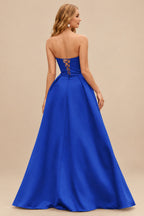 Rutipo Royal Blue A-line V Neck Strapless Satin Prom Dress with Corset Back and Front Slit