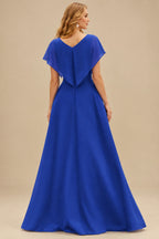 Rutipo Royal Blue A-line V Neck Strapless Satin Prom Dress with Corset Back and Front Slit